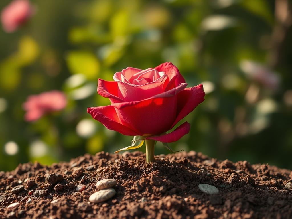 **Prompt for AI Image Generation:**

Create a realistic high-resolution photo that captures the essence of growth and beauty in nature. The composition should feature a single, blooming rose, carefully positioned in the center of the frame. The rose should be in full bloom, showcasing its intricate petals in shades of deep crimson and soft pink, with delicate dew drops glistening on its surface. 

Below the rose, include rich, brown soil, textured and earthy, highlighting the root structure of the stem, whi