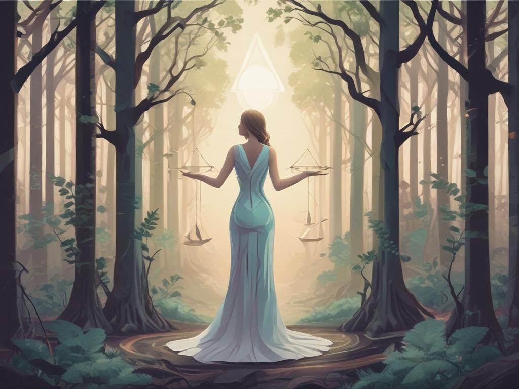a serene lady standing in a mystical forest, surrounded by ethereal light filtering through the trees, holding a libra scale gracefully in one hand, symbolizing balance and spirituality, with a gentle expression that conveys wisdom and tranquility, vibrant geometric artwork style, clean and precise details, compatible with rgb(162, 175, 127) color scheme.