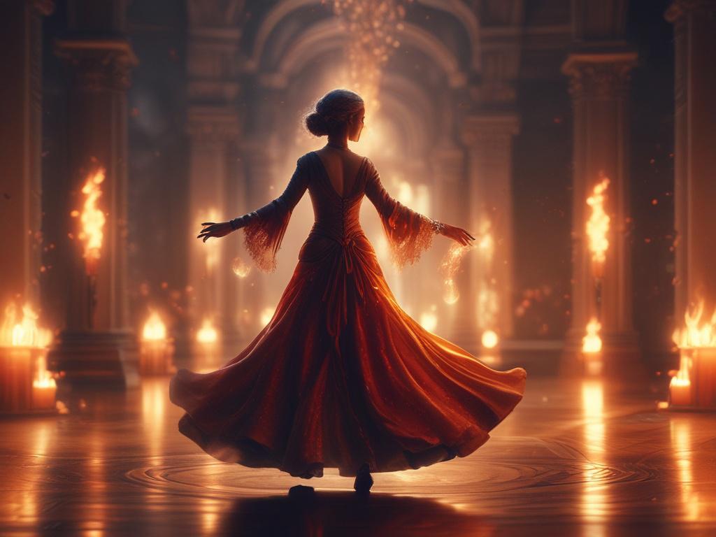 **AI Image Generation Prompt:**

Create a realistic high-resolution photo depicting an ethereal scene of an ancestor dancing among a glowing fire. The composition should be simple and clear, focusing solely on the ancestor as the subject. The ancestor, wrapped in flowing garments that shimmer with hints of gold and silver, moves gracefully, their form slightly illuminated by the warm, flickering flames.

Surround the ancestor with luminous highlights that capture the firelight, casting soft shadows that acc