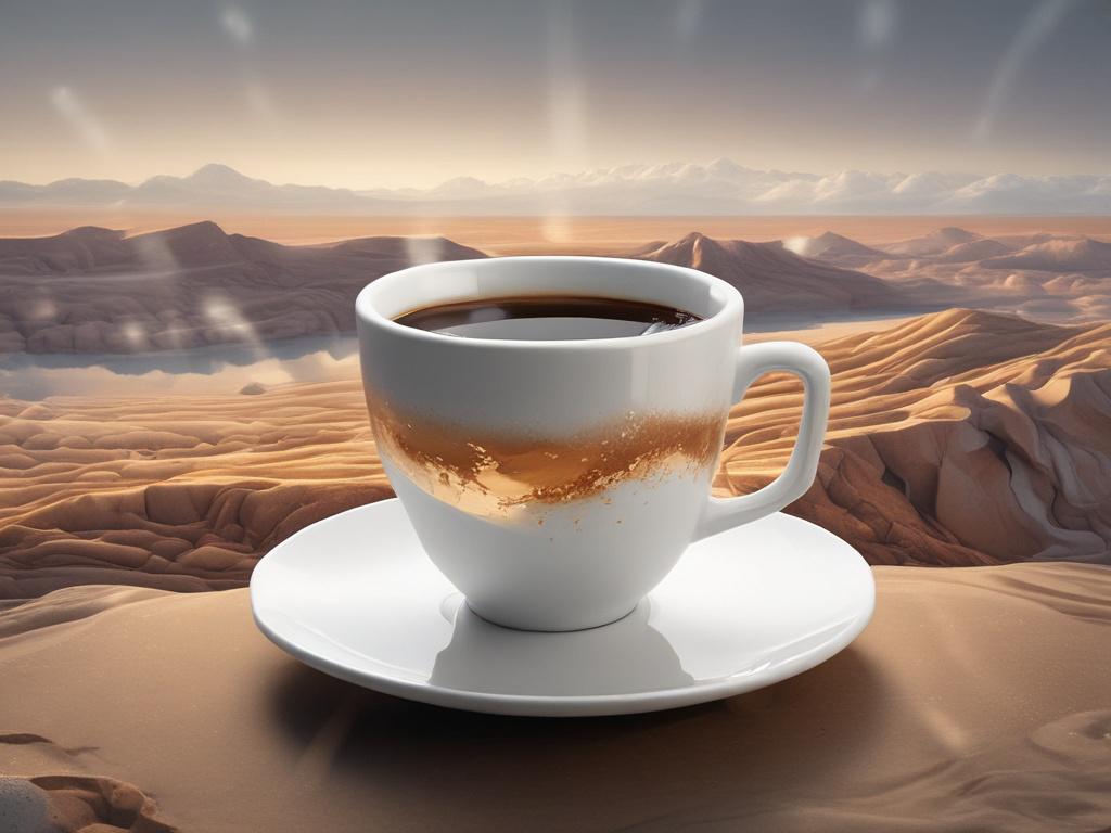 **AI Image Generation Prompt:**
Create a realistic high-resolution image featuring a single, elegantly designed coffee cup floating in a vast cosmic landscape. The coffee cup should be white porcelain with delicate gold detailing, reflecting the light of distant stars. The cup should be positioned in the center of the composition, highlighting its exquisite craftsmanship against the backdrop of the cosmos.
The background should be a captivating scene of deep space, showcasing vibrant colors of deep purple