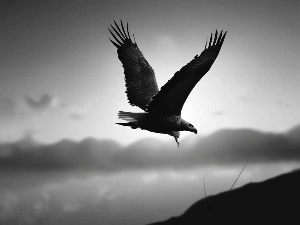 **Prompt for AI Image Generator:**

Create a realistic high-resolution photo of a singular subject embodying the essence of freedom. The scene should feature a majestic silhouette of a soaring bird, such as an eagle or hawk, gracefully gliding against a backdrop of an expansive sky. The bird should be positioned slightly off-center, wings spread wide, capturing the sense of liberation and strength.

The background must depict a soft gradient of hues, transitioning from deep indigo at the top to soft gray ne