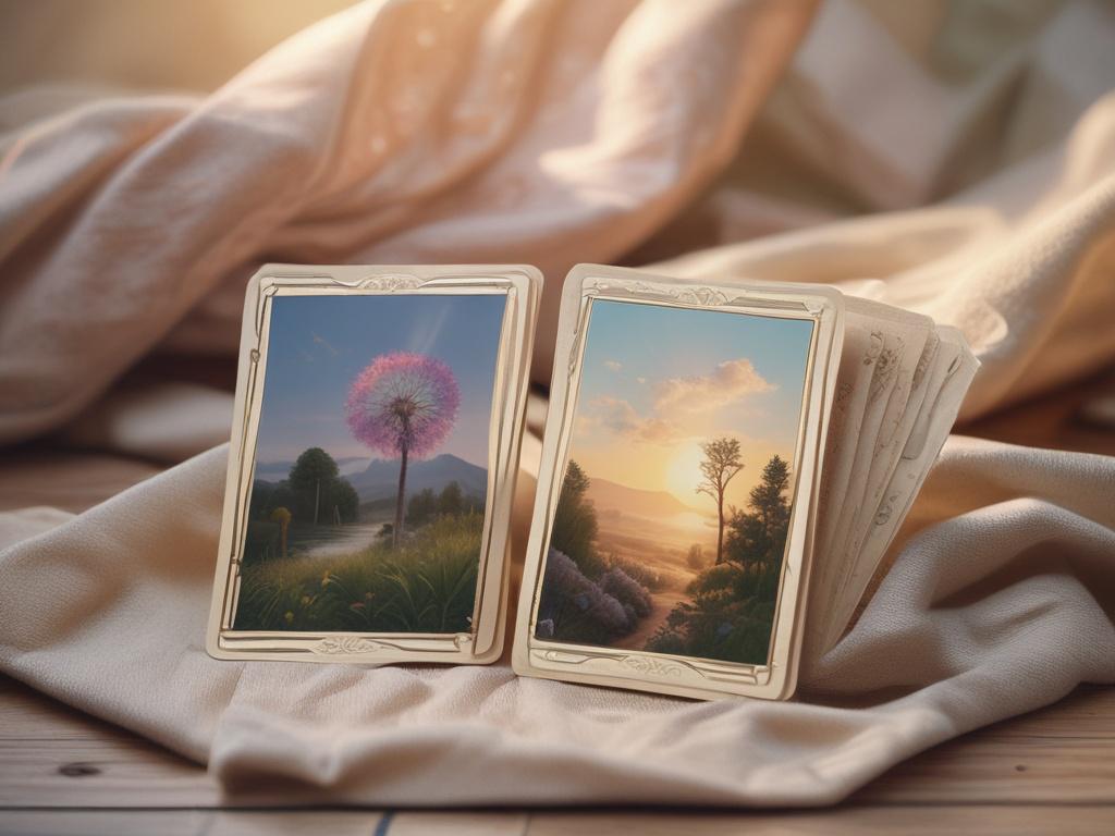 a deck of oracle cards fanned out on a soft fabric, gentle light filtering through, showcasing beautiful artwork, with a calm and inviting background of natural elements