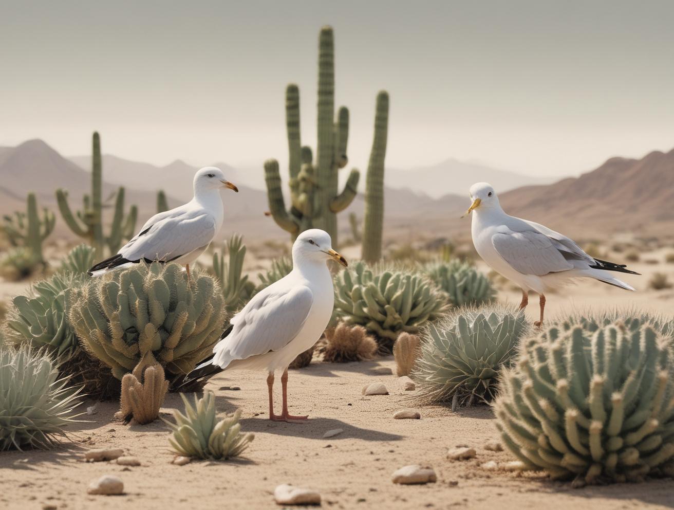seagulls, cactus, community, desert, harmony