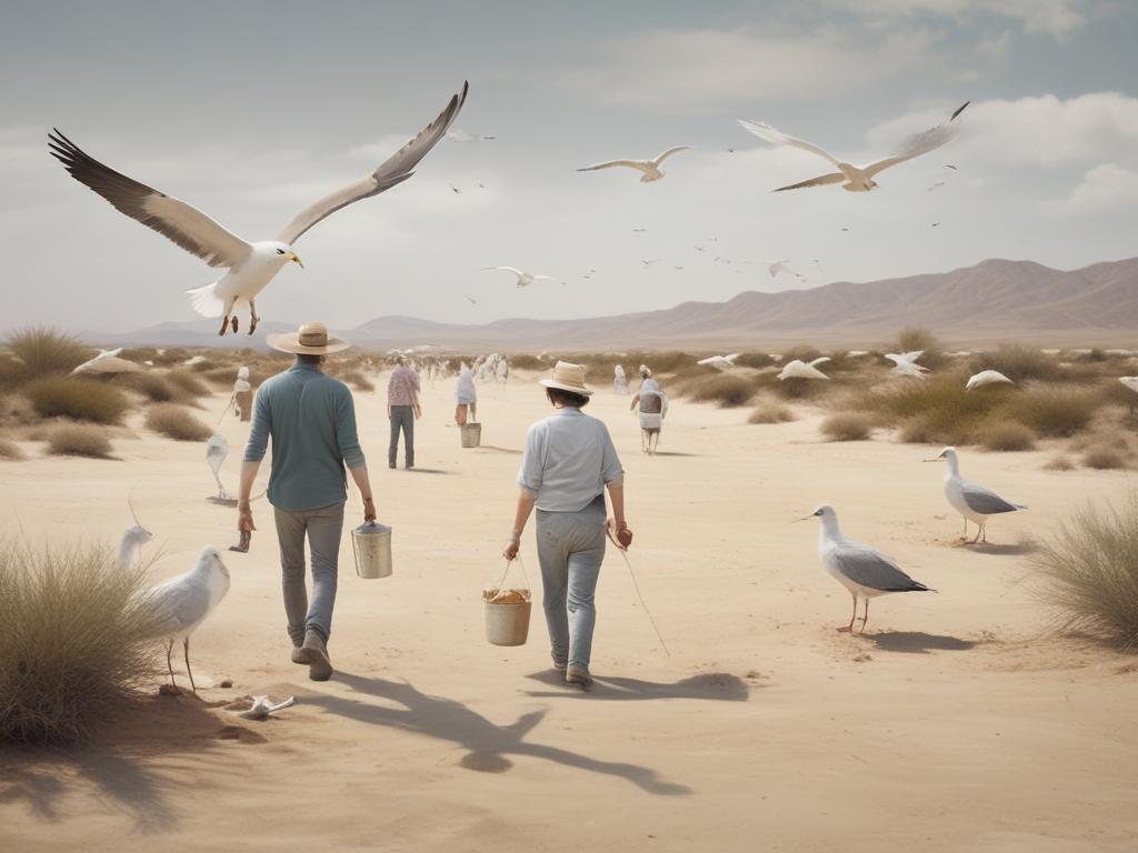 Community Clean Up Day, clean environment, volunteers, seagulls, desert landscape