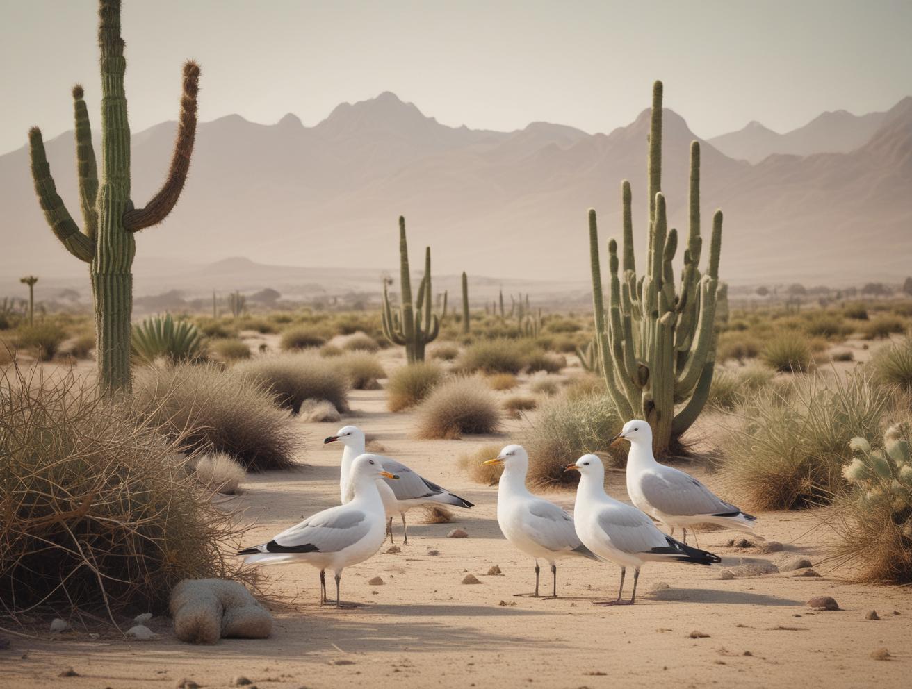 seagulls, desert landscape, cactus, community, harmony