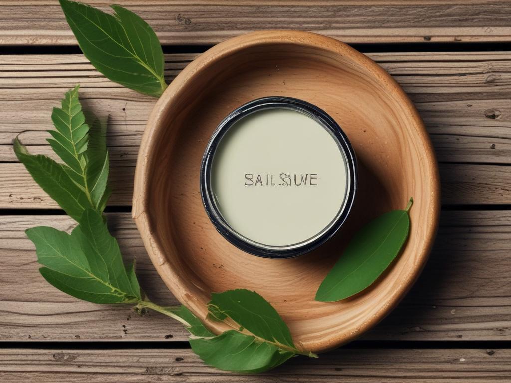 A close-up image of a jar of Premium Salve, showcasing its creamy texture. The jar should be placed on a rustic wooden surface, surrounded by natural elements like green leaves and small pebbles. The background should be softly blurred to emphasize the jar, and the lighting should be warm and inviting, highlighting the earthy tones of the jar and the natural textures around it.