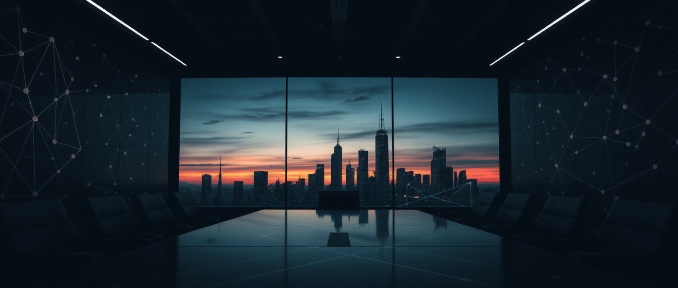 Corporate boardroom with network patterns