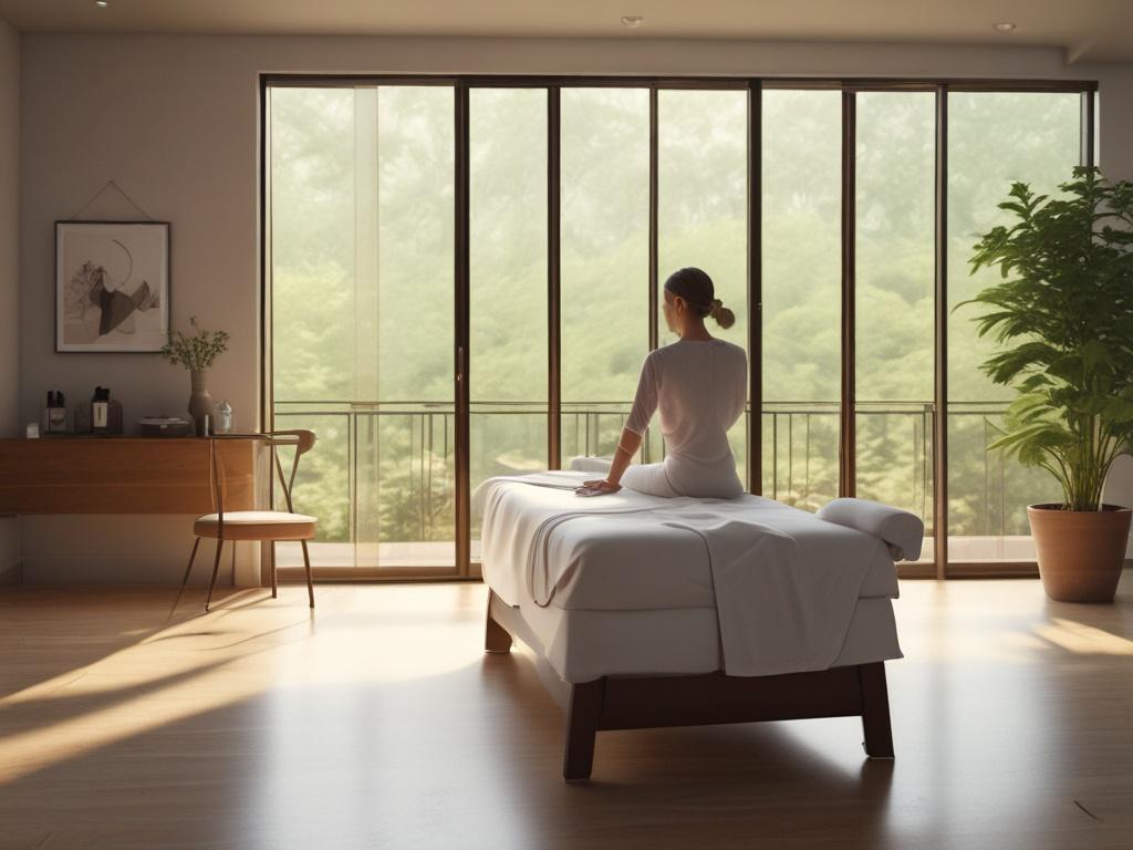A serene setting featuring a luxurious massage table adorned with