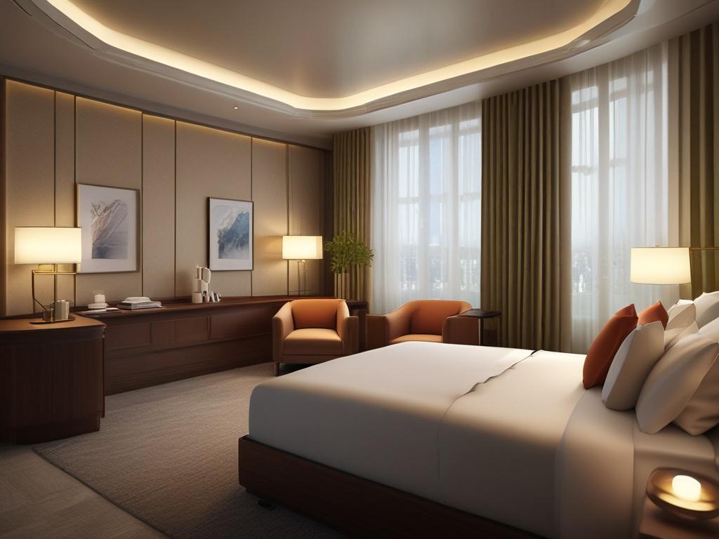 A luxurious hotel room with soft lighting, featuring a beautiful