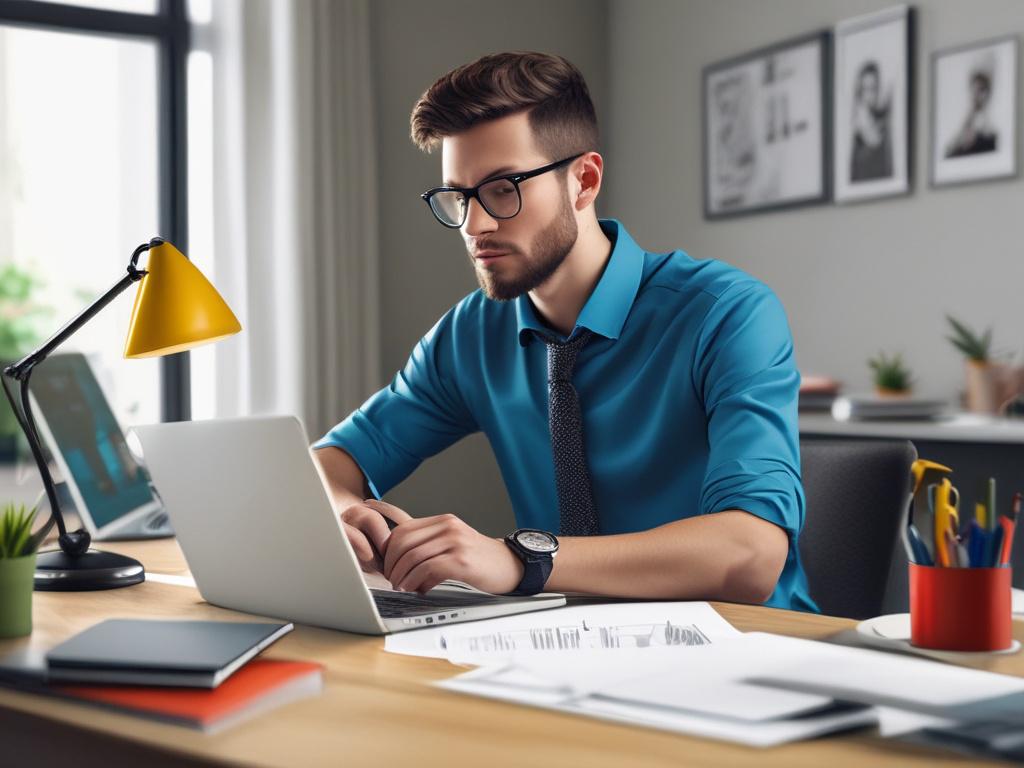 A realistic high-resolution photo of a confident job seeker seated at a modern desk, reviewing a professionally designed CV on a laptop. The background should feature a clean, minimalistic office environment with soft natural lighting. The subject should be dressed in smart casual attire, looking focused and determined while analyzing the CV. The image should embody a sense of professionalism and aspiration, with bold vibrant colors that enhance the theme of success.