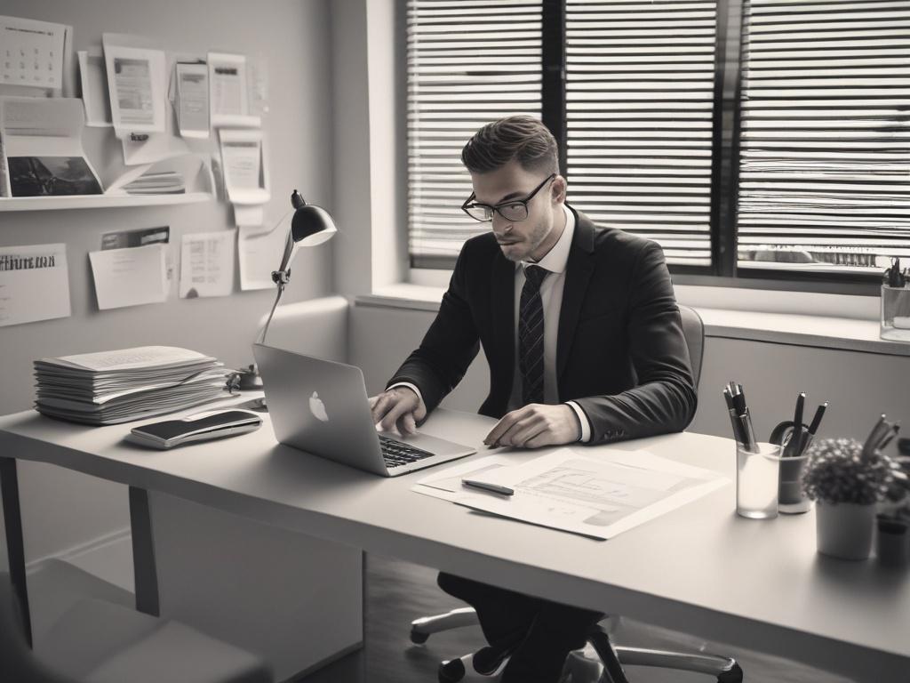 A focused individual sitting at a minimalist desk, reviewing interview preparation materials on a laptop. The background is softly blurred, featuring a clean and organized workspace with a notepad, pen, and a cup of coffee. The subject is engaged in the process, showcasing determination and professionalism. The color scheme includes bold vibrant colors with a dominant rgb(3, 125, 201) accent, emphasizing clarity and focus.
