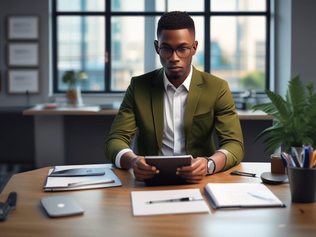 A young professional sitting at a clean desk, focused on