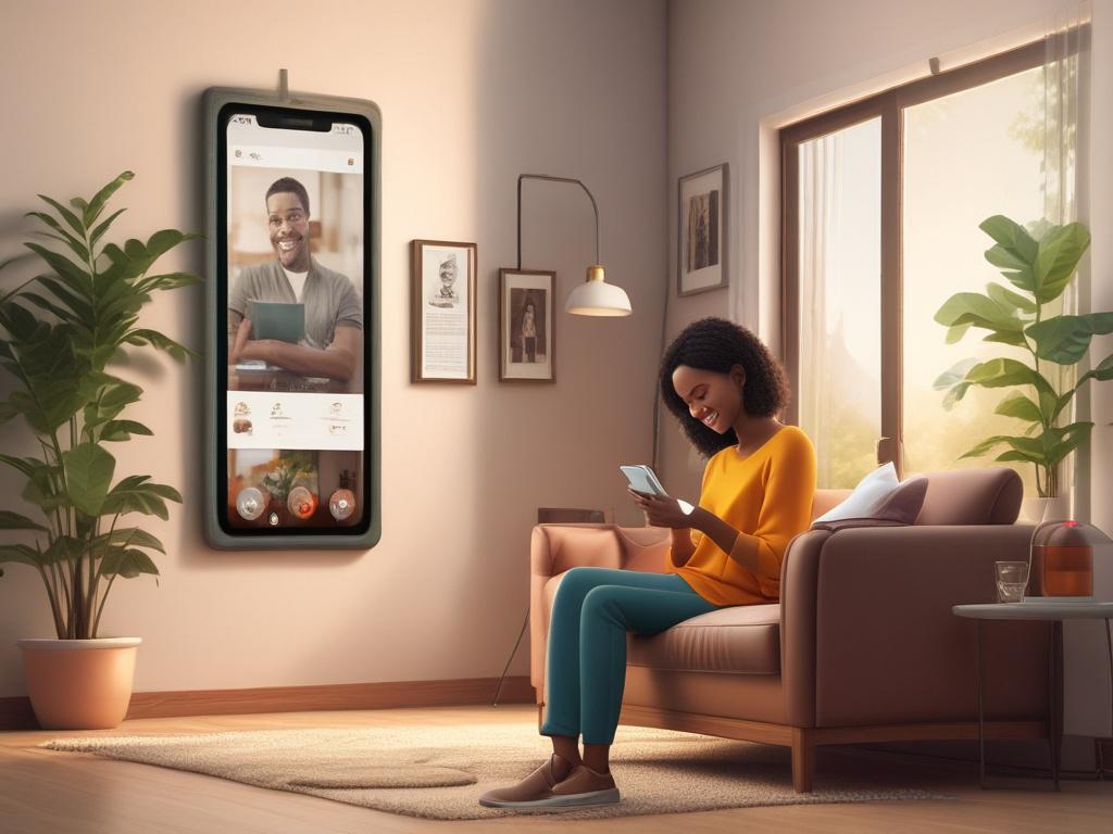 A person smiling while checking their phone in a cozy