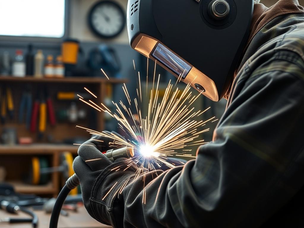 A realistic high-resolution photo of a skilled artisan operating a CO2 MIG welder in a well-lit workshop. The focus is on the close-up of the welder's hands expertly guiding the welding gun, with sparks flying and a bright arc of molten metal visible. The background features tools and equipment that reflect a professional welding environment, creating an engaging and dynamic image. The color palette should incorporate the primary color rgb(248, 140, 2) to enhance visual appeal.