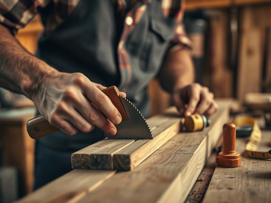 A close-up shot of a skilled carpenter working on a wooden project in a well-lit workshop. The focus is on the carpenter's hands as they expertly use a hand saw on a piece of wood. The background should include tools like a chisel, hammer, and measuring tape, with warm lighting highlighting the textures of the wood and tools. The image should convey a sense of craftsmanship and dedication to the art of carpentry.