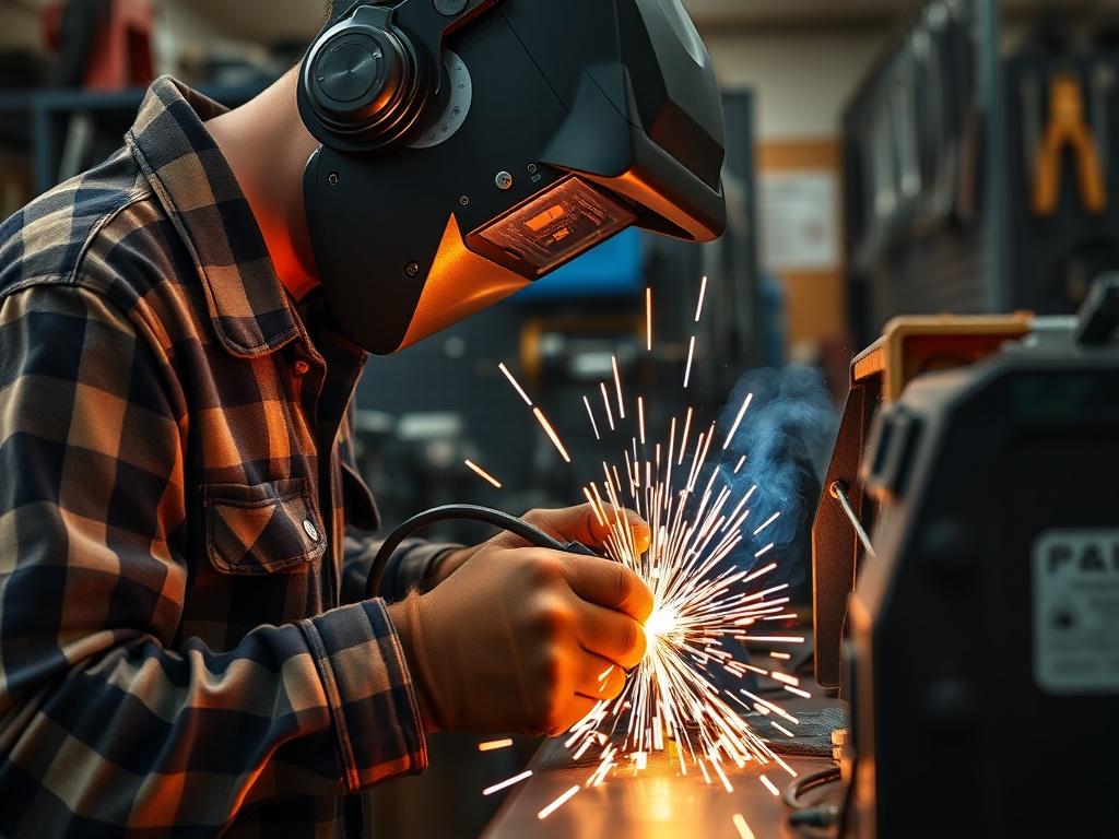 A hyper-realistic close-up shot of a skilled welder using a flux core welding machine in a well-equipped workshop. The focus is on the welder's hands and the welding process, showcasing the sparks flying and the glowing metal. Background features tools and equipment neatly arranged, with warm lighting highlighting the craftsmanship. Shot with a 45mm f/1.2 lens style.