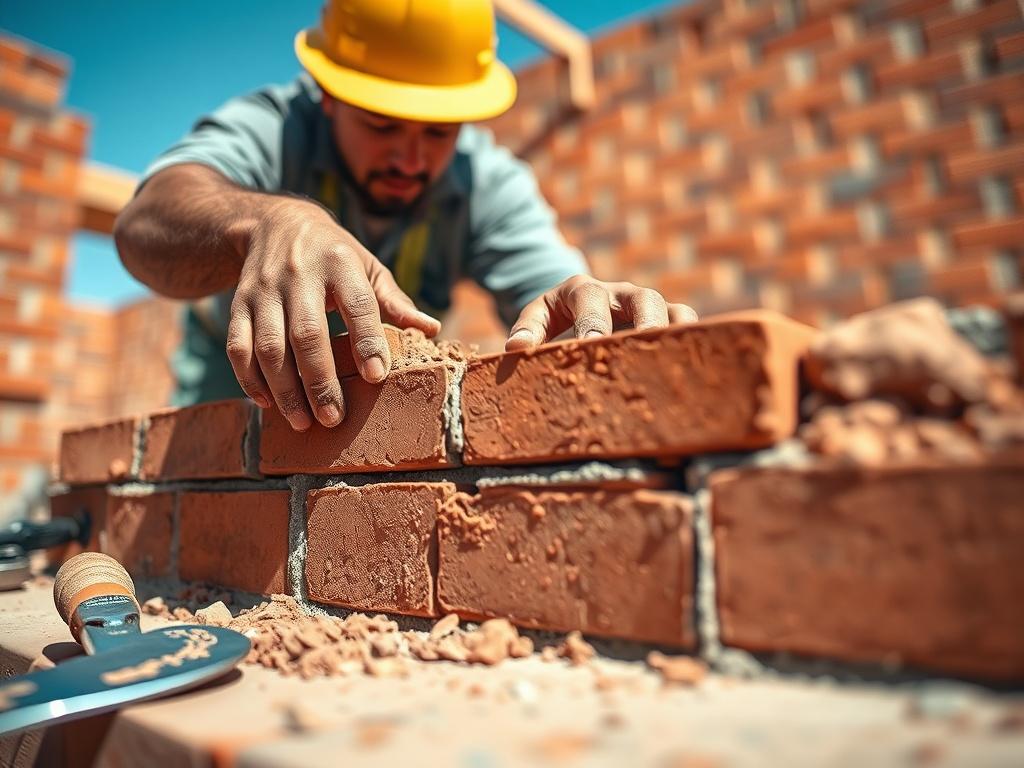 A close-up shot of a skilled bricklayer expertly laying bricks in a well-lit construction site. The focus is on the bricklayer's hands as they carefully apply mortar and position the bricks with precision. The background is blurred, highlighting the brick wall being constructed, with tools like a trowel and level placed nearby. The color scheme features warm tones, with a clear blue sky visible above, creating a vibrant and industrious atmosphere.