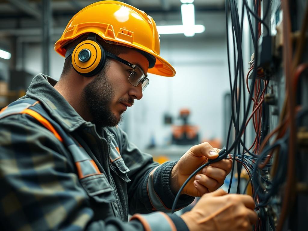 A realistic high-resolution photo of a skilled electrician working on wiring in a well-lit workshop. The electrician is wearing safety gear and focused on connecting wires with precision. The background features a clean workspace with tools and electrical equipment neatly arranged. The image should be shot with a 45mm f/1.2 lens to create a shallow depth of field, emphasizing the electrician and the intricate details of the wiring.
