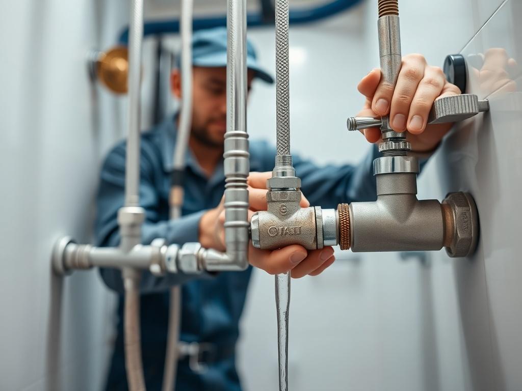 A skilled plumber working on installing a hot and cold-water supply system in a modern bathroom. The plumber is focused and detailed, showing a close-up of their hands as they connect pipes and fixtures. The background features a clean, well-organized workspace with tools and plumbing supplies neatly arranged. The image should have a hyper-realistic style, emphasizing the craftsmanship involved in plumbing, captured in high-resolution with a 45mm f/1.2 lens.