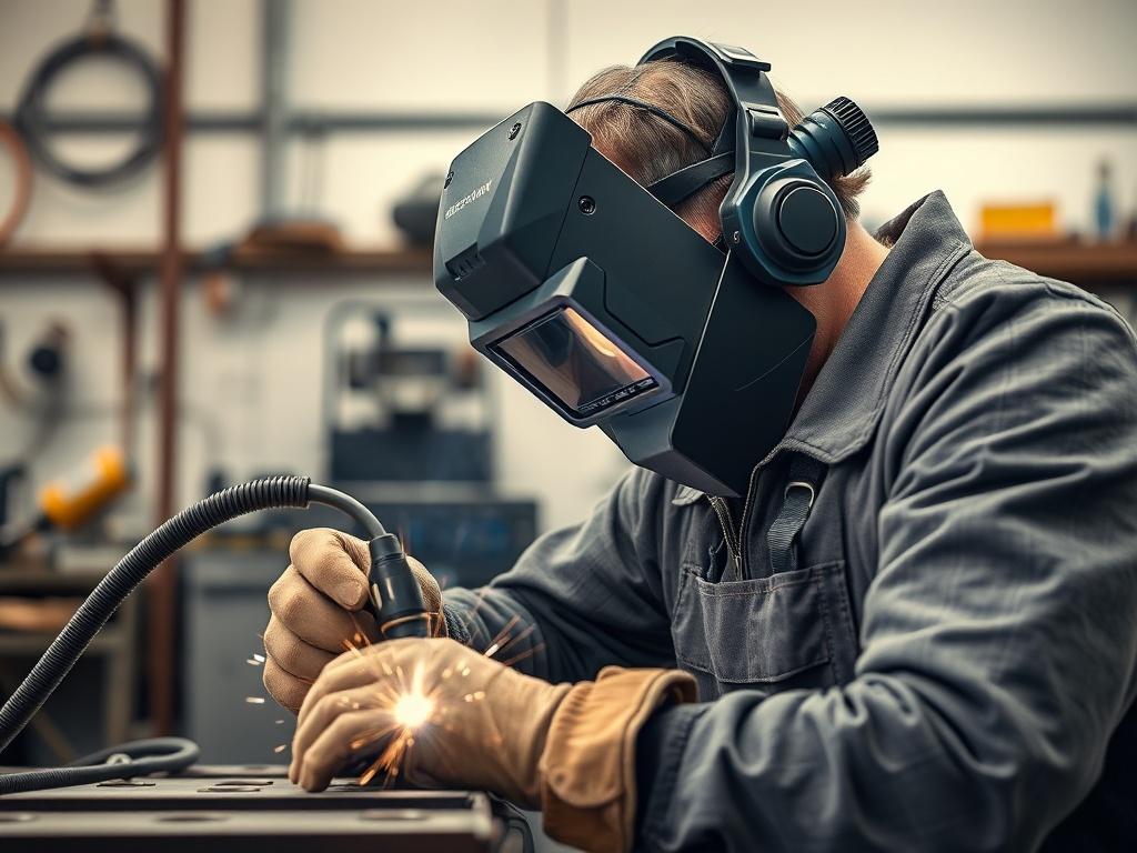 A skilled artisan focused on argon welding in a well-lit workshop setting. The artisan, wearing protective gear, diligently uses an argon welder on a metal piece. The background features welding equipment and tools, with a clean and organized workspace. The image captures the precision and skill involved in the welding process, showcasing the artisan's concentration. The overall atmosphere is professional and conducive to learning, emphasizing safety and craftsmanship. Shot with a 45mm f/1.2 lens for a high