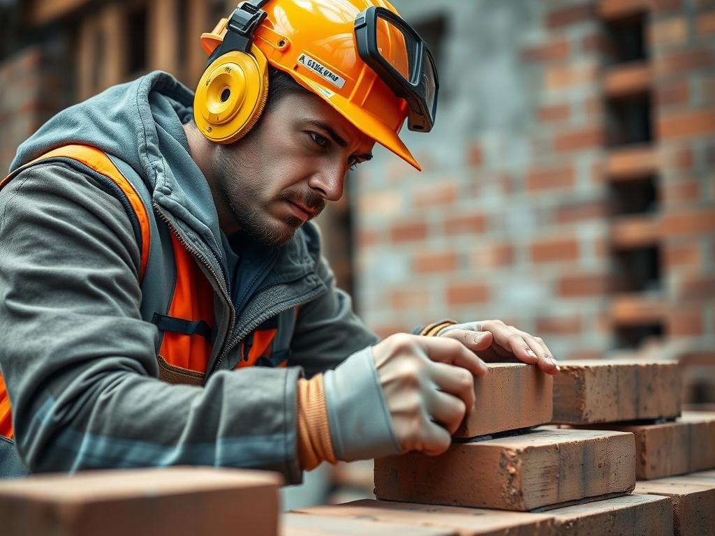 A skilled bricklayer wearing safety gear, focused on laying bricks in a construction site. The background features partially constructed walls, highlighting the intricate patterns of brickwork. The composition should be a close-up shot with a shallow depth of field, capturing the detail of the bricks and the bricklayer's hands working precisely, shot with a 45mm f/1.2 lens style. The overall tone should convey professionalism and craftsmanship.