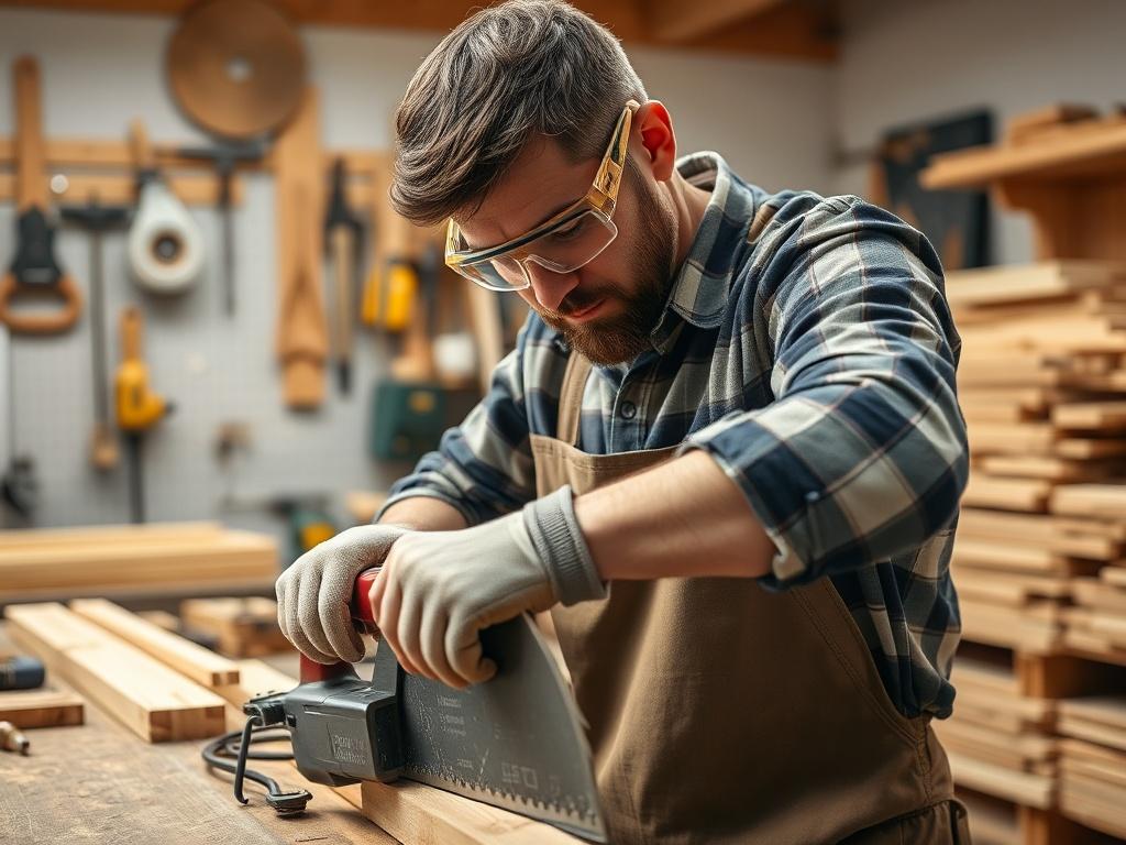 A skilled carpenter working in a well-lit workshop, focused on using a hand saw to cut a piece of wood. The background should display various carpentry tools neatly arranged on a workbench, with wooden planks stacked to the side. The carpenter is wearing safety goggles and gloves, showcasing a professional and safe working environment. The image should capture a close-up of the carpenter's hands in action, emphasizing the craftsmanship involved in carpentry. The overall tone should be warm and inviting, ref