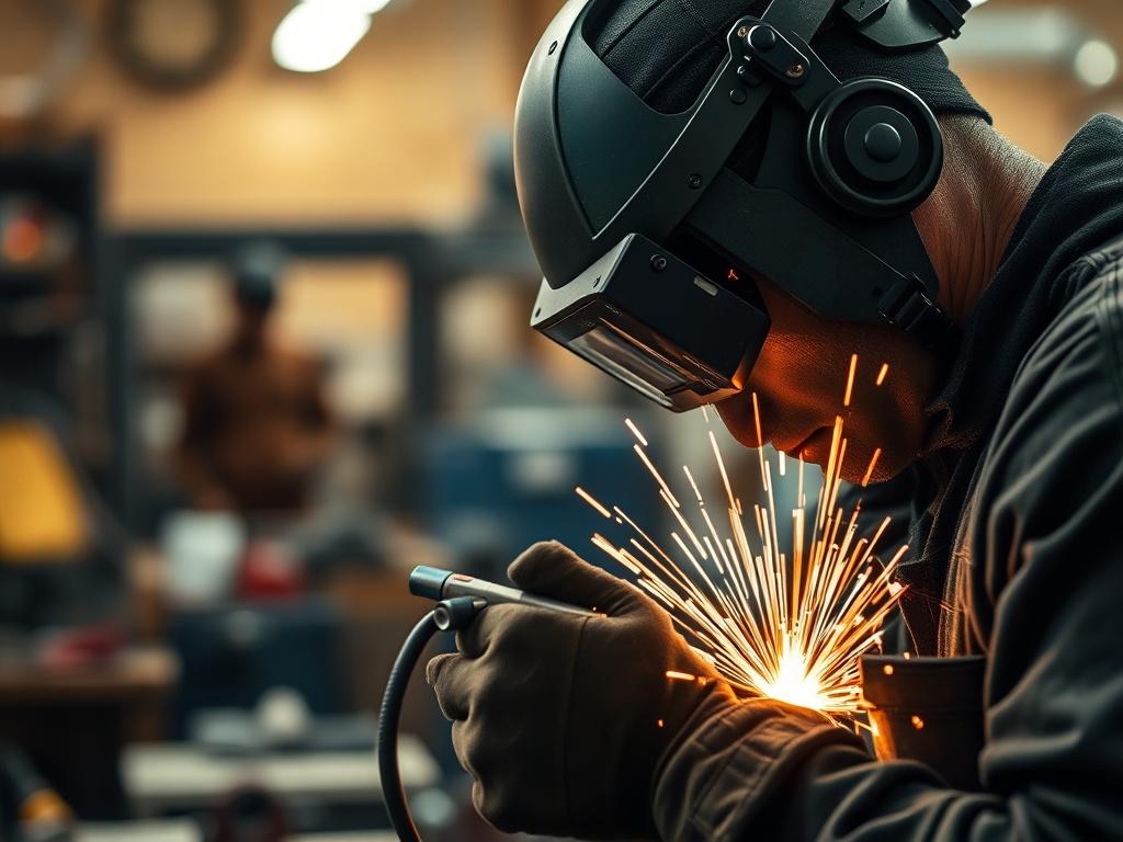 A close-up shot of a skilled artisan in a welding workshop, wearing protective gear and focused on a MIG welding task. The background is a blur of workshop equipment, with warm lighting highlighting the artisan's concentration and the sparks flying from the welding process. The image should reflect a hyper-realistic style, shot with a 45mm f/1.2 lens, capturing the intensity and precision of the craft.