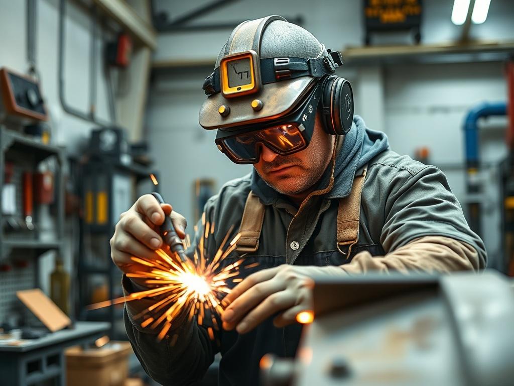 A skilled boilermaker at work in a well-lit workshop, focused on welding a large metal structure. The image captures the boilermaker, wearing protective gear, expertly using a welding torch. The background showcases various tools and equipment, emphasizing a professional and organized workspace. The composition is a close-up shot, highlighting the intricate details of the metalwork being done, shot with a 45mm f/1.2 lens for a hyper-realistic effect. The primary color theme incorporates rgb(248, 140, 2) for