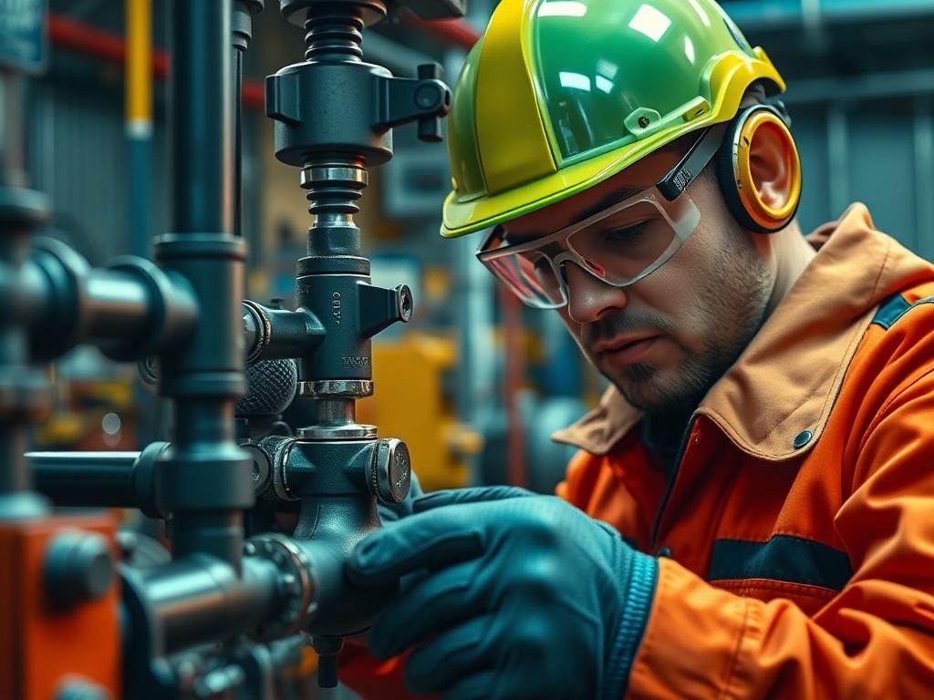 A close-up shot of a skilled pipe fitter working on a complex piping system, showcasing intricate pipe connections and tools. The background should be an industrial workshop setting with a focus on realism. The subject should be wearing safety gear, such as gloves and goggles, while intently focused on precision work. The image should have vibrant colors, emphasizing the tools and materials used in pipe fitting, and be shot with a 45mm f/1.2 lens style.