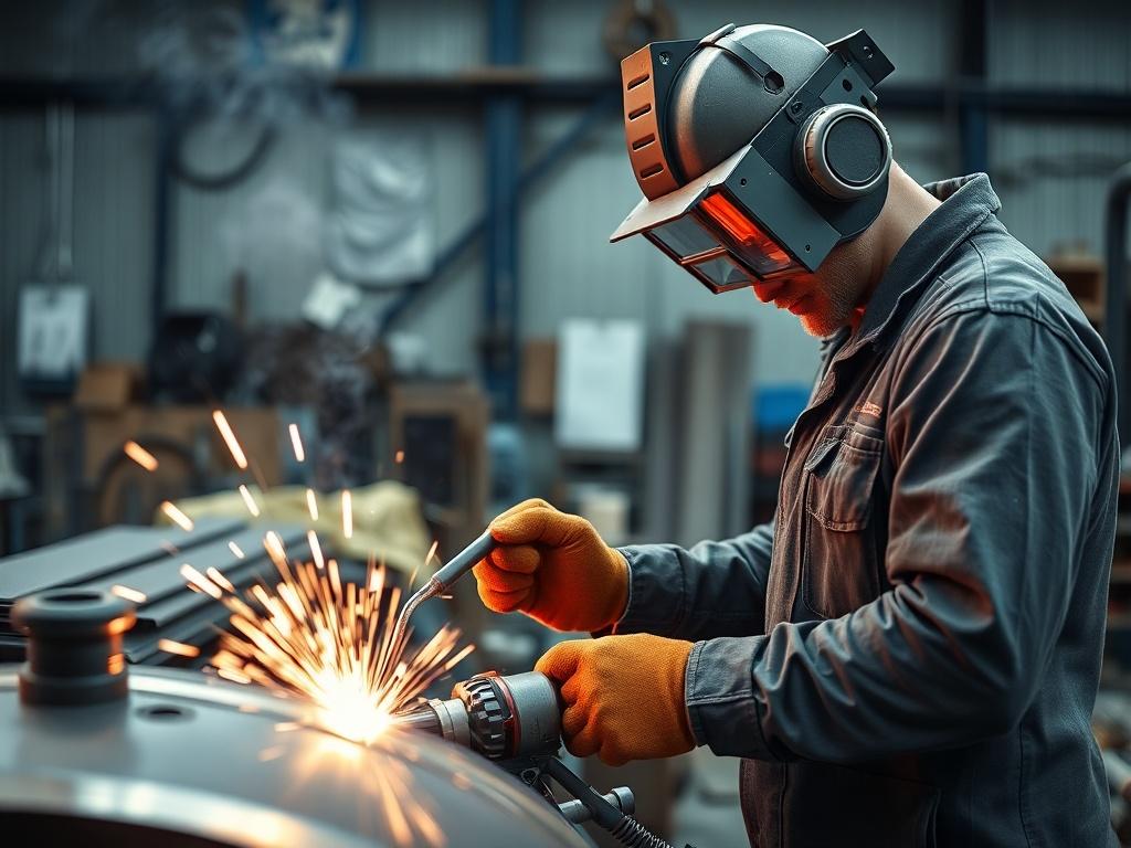 A skilled boilermaker working in a workshop, focused on fabricating a steel boiler. The image captures the boilermaker in action, wearing protective gear and using welding equipment. The background features an organized workspace with metal sheets and tools visible, emphasizing a professional environment. The composition is a close-up shot to highlight the intricate details of the metalwork and the boilermaker's expertise, rendered in hyper-realistic quality.