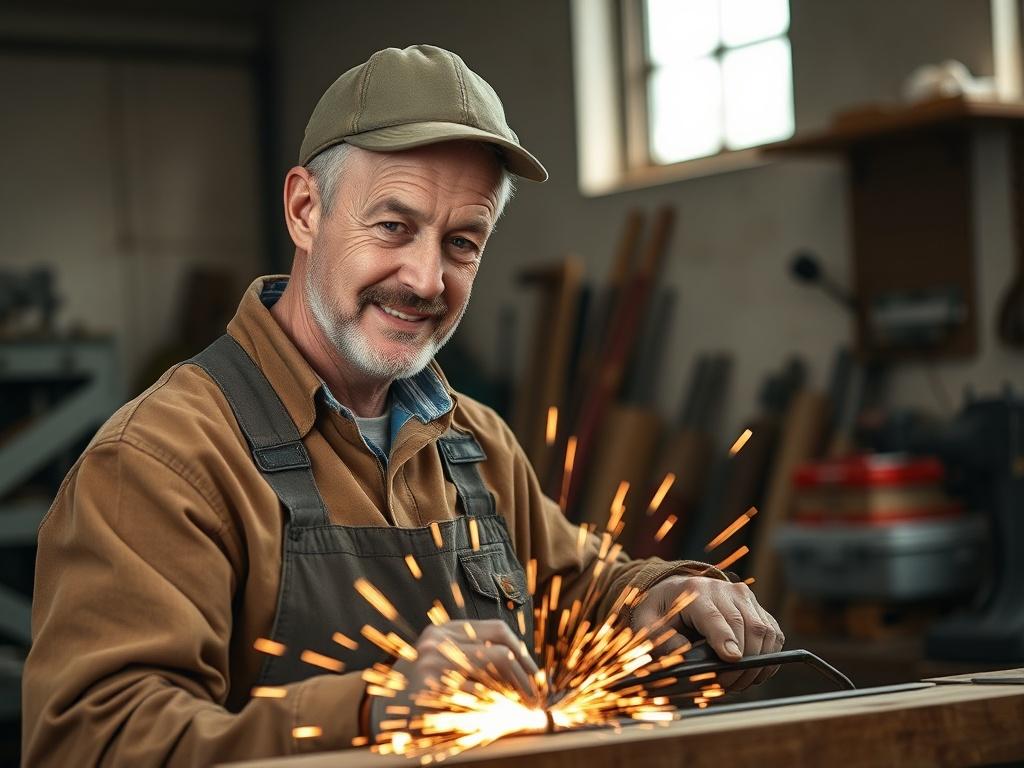 **Image Generation Prompt:**

Create a realistic high-resolution photograph that captures the essence of a skilled artisan at work, emphasizing the rewarding opportunities and benefits of a career in the trades. The composition should focus on a single subject – a middle-aged male or female artisan dressed in work attire, confidently welding a metal piece in a well-lit workshop. 

In the foreground, the artisan should be shown from a slight side angle, showcasing them in action with sparks flying from the w