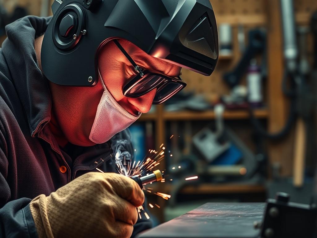 A close-up of an artisan performing TIG welding in a workshop setting. The artisan, dressed in protective gear, focuses intently on the welding torch, creating a clean and precise weld. The background features a mix of tools and materials, enhancing the workshop atmosphere. The image highlights the glow of the welding arc, emphasizing the skill and concentration involved in the process. Captured with a 45mm f/1.2 lens for vivid detail and clarity.