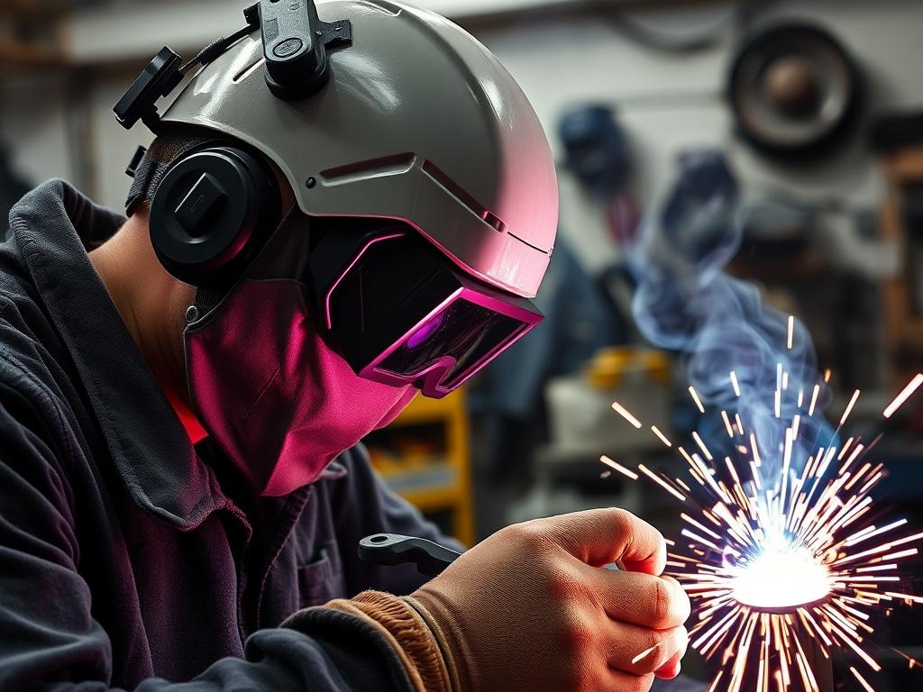 A close-up shot of a skilled artisan performing aluminium welding in a workshop. The artisan, wearing protective gear, focuses intently on the welding process. The background features a well-equipped workshop with tools and safety equipment. The lighting emphasizes the bright arc of the welding, creating a dynamic and engaging scene. Shot with a 45mm f/1.2 lens style, ensuring clarity and detail in the subject.