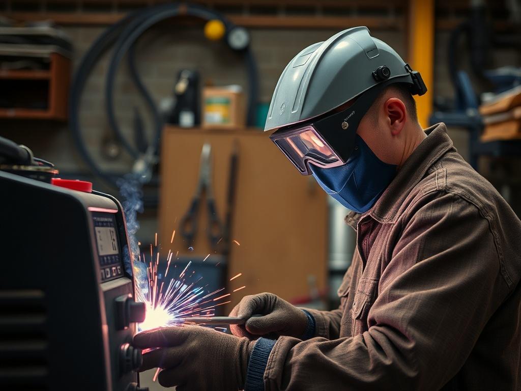 A focused artisan engaged in CO2 welding within a workshop environment. The artisan wears appropriate protective gear while skillfully maneuvering the welding machine. The workspace is organized, showcasing various tools and materials. The image captures the intense concentration on the artisan's face, with the welding arc providing a bright contrast against the darker workshop background. Shot with a 45mm f/1.2 lens style for a sharp and detailed composition.