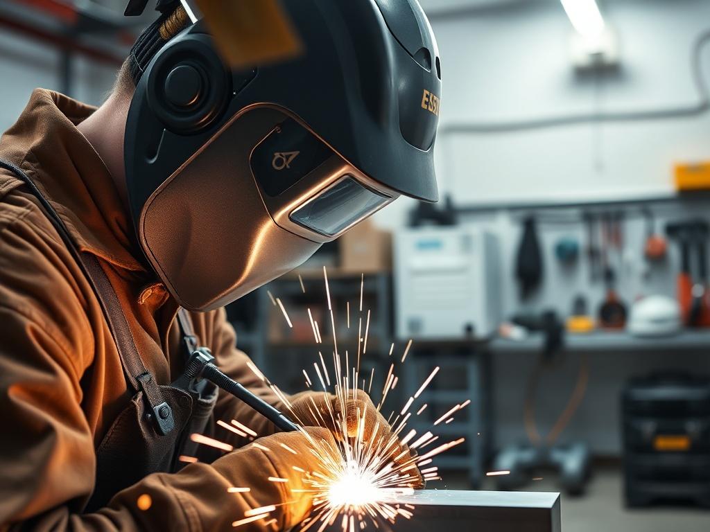 A highly skilled welder in a safety helmet and protective gear, focused on welding a stainless steel piece in a well-lit workshop. The welder is using a TIG welding machine, with sparks flying and the stainless steel glowing, showcasing the precision of the work. The background should be a clean, organized workshop with welding tools and equipment visible, emphasizing a professional training environment. The image should be shot with a 45mm f/1.2 lens style for a hyper-realistic effect.