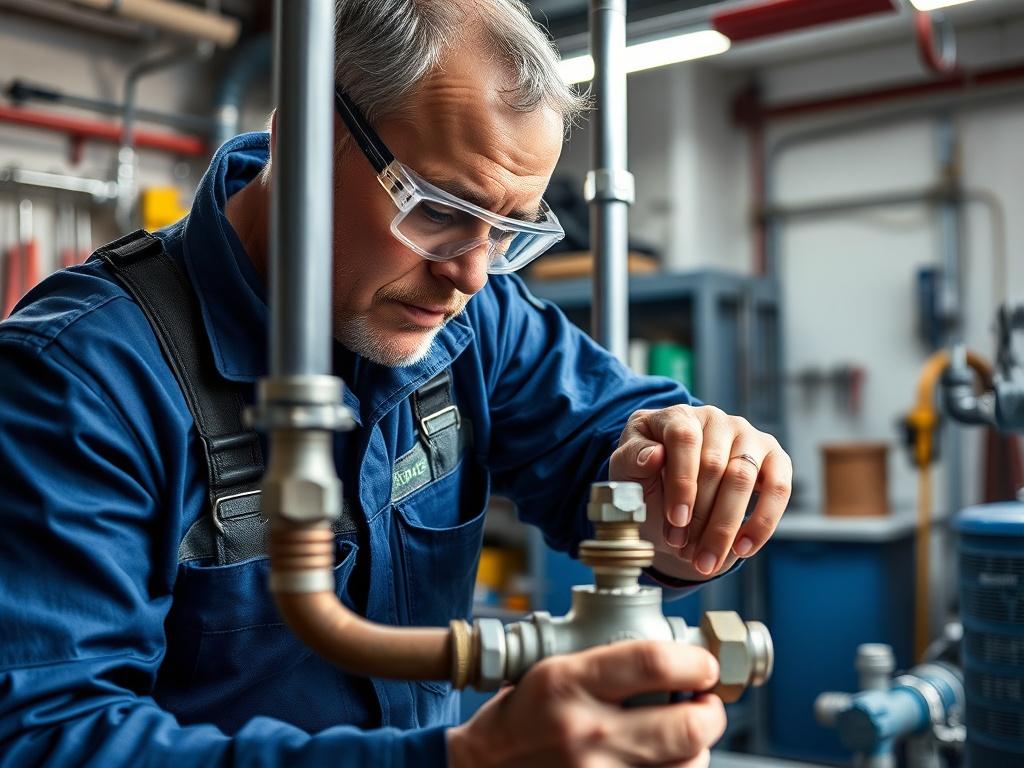 A close-up shot of a skilled plumber working on a complex plumbing installation in a well-lit workshop, showcasing the tools and materials used in the trade. The plumber, a middle-aged man wearing a blue work uniform and safety goggles, is focused on connecting pipes with precision. The background features a clean, organized workspace with plumbing tools and equipment, emphasizing a professional environment. The image should have a hyper-realistic style, captured with a 45mm f/1.2 lens, showcasing vibrant c