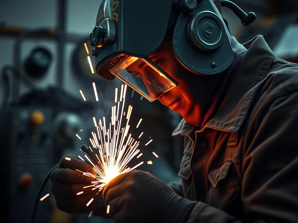 A close-up shot of a skilled artisan engaged in stick welding, showcasing the bright arc of the welding machine and the detailed work being done. The image captures the intensity and focus of the artisan, highlighting their protective gear. The background is a well-equipped workshop, emphasizing a professional environment. The lighting is dramatic, focusing on the welding activity, while the colors of the workshop are muted to enhance the vibrant glow of the welding arc.
