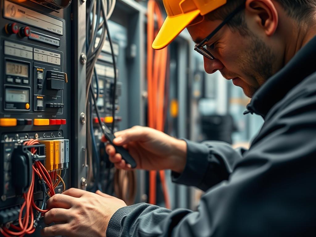 A close-up shot of an electrician working on a control panel, showcasing intricate wiring and tools. The background should be a well-lit workshop environment, with high-quality equipment in view, emphasizing the focus on practical skills. The image should capture the electrician's hands in action, demonstrating expertise and precision. Use hyper-realistic rendering with warm lighting to highlight the details of the electrical installation work. The primary color tone should align with rgb(248, 140, 2).