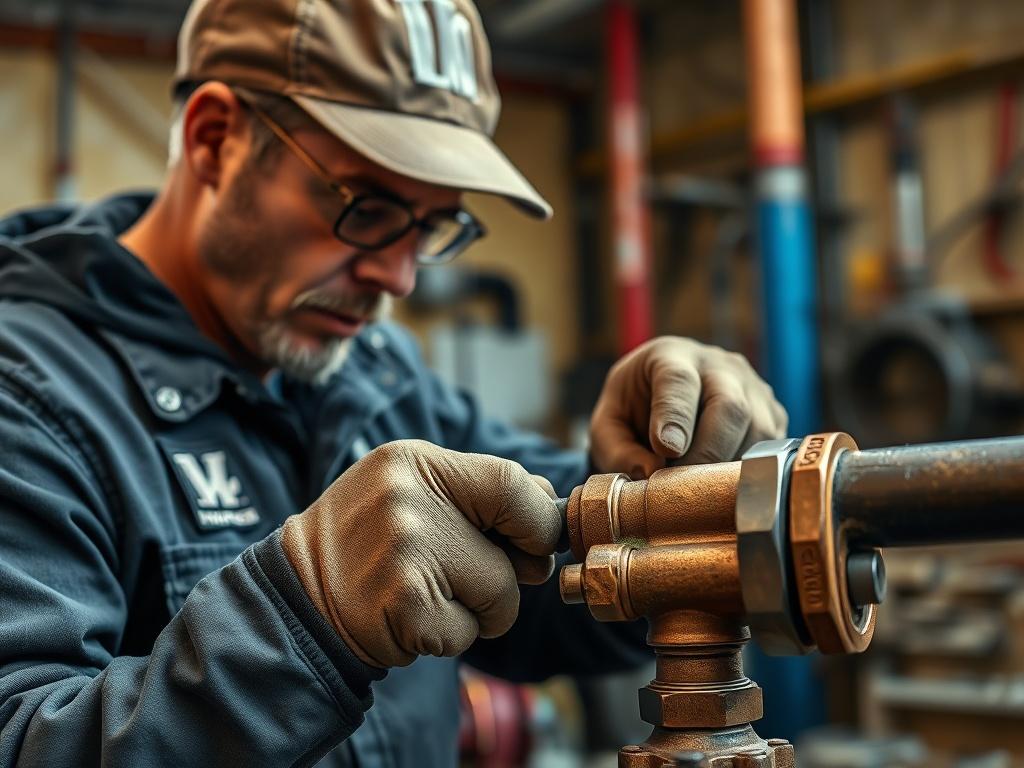 A close-up shot of a skilled pipe fitter working with pipes and fittings in a well-lit workshop. The subject is focused on a pipe joint, showcasing the tools and materials used in pipe fitting. The background is slightly blurred to emphasize the subject, with realistic textures and colors that reflect a professional environment. The image should have a hyper-realistic quality, captured as if using a 45mm f/1.2 lens. The primary color theme should incorporate rgb(248, 140, 2) for a vibrant touch.