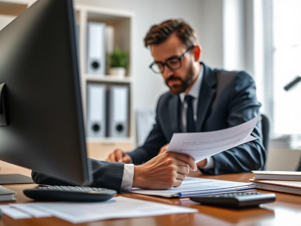 A close-up shot of a focused tax advisor reviewing tax documents, with a calculator and computer on the desk in a well-lit, organized office environment. The background should be simple, emphasizing the advisor's concentration on the documents. The overall tone should convey professionalism and accuracy, reflecting the importance of handling tax returns and amendments.