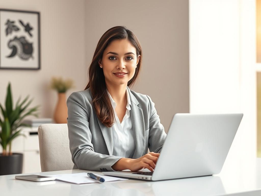 **AI Image Generation Prompt:**

Create a realistic high-resolution photo featuring a single female tax professional seated at a modern office desk, exuding confidence and expertise. She should be looking directly at the camera, wearing professional attire, and engaging with a laptop, displaying tax-related documents on the desk. The composition should be simple and clear, focusing solely on her as the subject against a light, neutral background with minimal decorations to enhance the professional atmospher