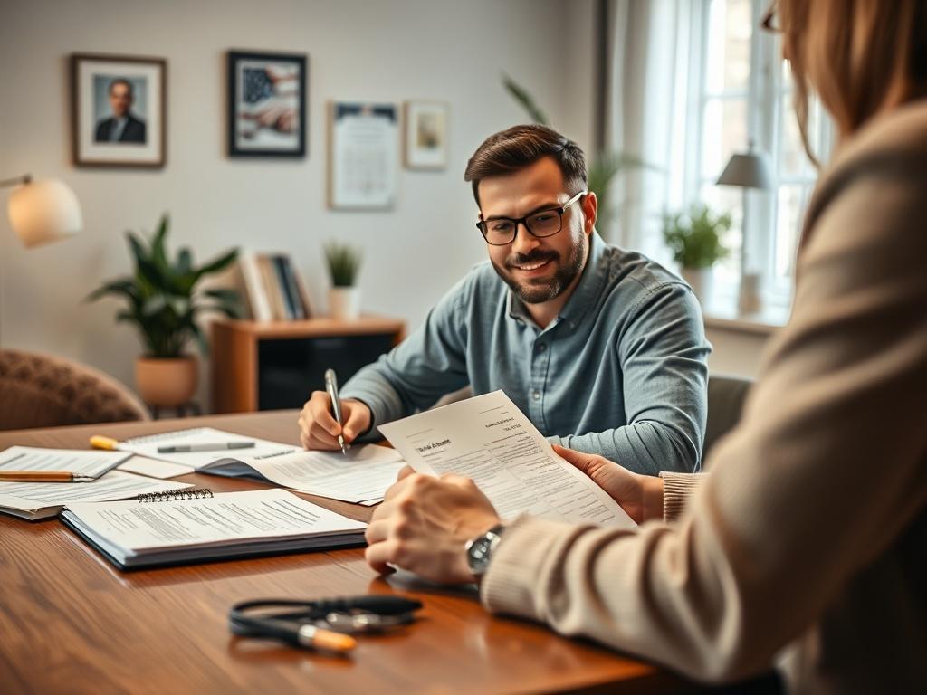 A close-up shot of a relaxed individual sitting at a table with tax documents, discussing details with a tax professional. The background features subtle elements of a cozy office, emphasizing a comfortable and supportive environment.