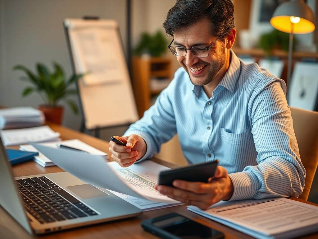 A close-up of a smiling tax consultant reviewing financial documents with a calculator in hand, sitting at a desk filled with organized paperwork and a laptop. The background is softly blurred to emphasize the consultant's focus, with warm lighting highlighting the professionalism of the workspace.