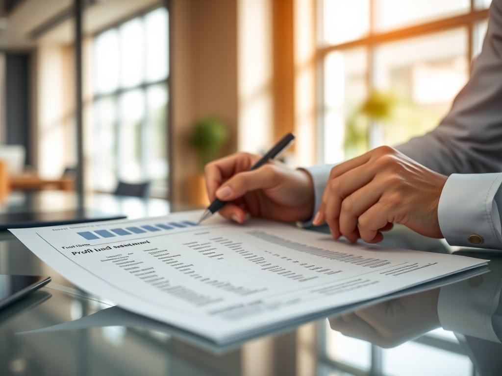A close-up shot of a financial professional reviewing a detailed profit and loss statement on a sleek desk. The background features a blurred office environment with natural light streaming in, emphasizing a sense of professionalism and clarity. The subject is focused on the document, showing a pen in hand, ready to make notes. The colors in the image harmonize with the #062767 primary color, creating a cohesive and inviting atmosphere.
