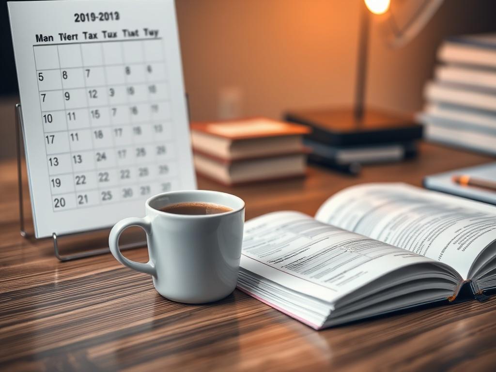A calm and serene office space with a calendar marked for tax deadlines. A cup of coffee sits beside an open tax guidebook, symbolizing preparation and tranquility. The soft focus on the background adds to the peaceful atmosphere.