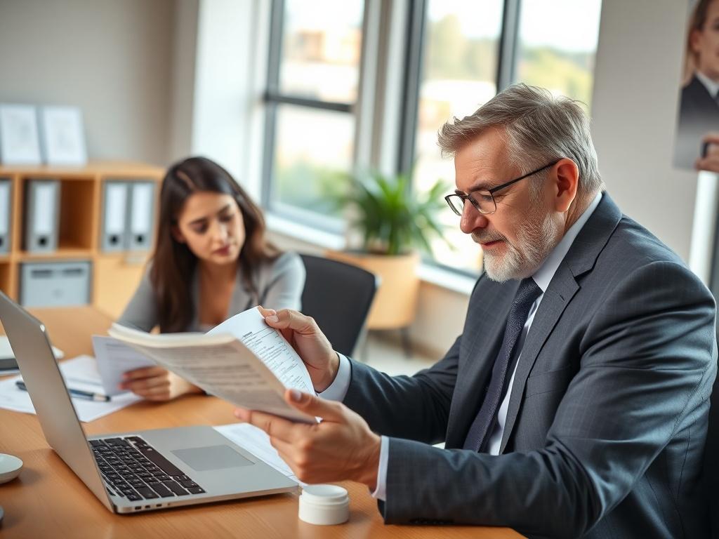 A professional tax advisor in an office setting, focused on a client. The advisor, a middle-aged man in a suit with a friendly demeanor, is reviewing documents with a concerned young woman. The background features a desk with tax forms, a laptop, and a window showing a sunny day outside. The composition is clear and engaging, showcasing the advisor's attentiveness and expertise.