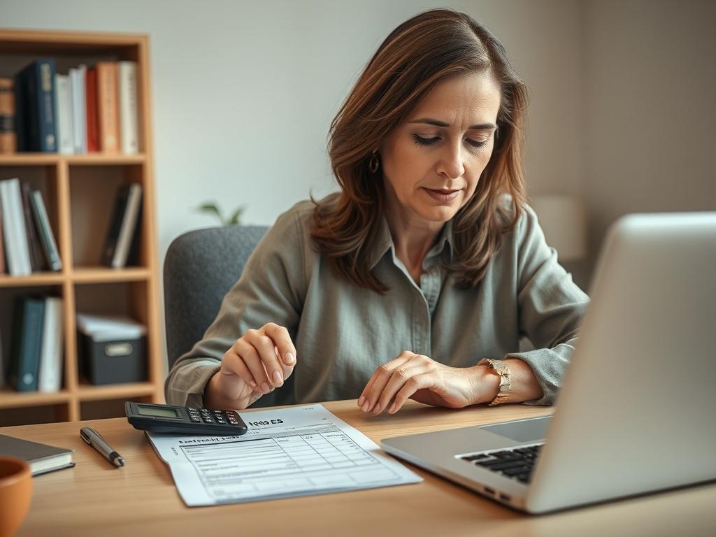 **AI Image Generation Prompt:**

Create a realistic high-resolution photo that captures the essence of tax preparation and personal finance. The image should feature an individual, a middle-aged woman, sitting at a neatly organized desk, focused on calculating her estimated tax payments. She should be using a calculator, with a Form 1040-ES visible next to her, displaying numbers and highlighted sections. Her expression should convey concentration and determination, embodying the notion of taking control of