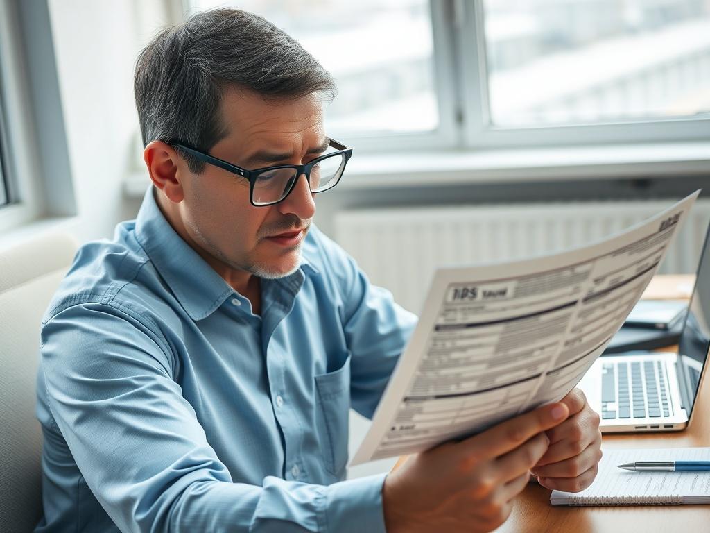 **AI Image Generation Prompt:**

Create a realistic, high-resolution photo depicting a person sitting at a clean, organized desk, intently reading a printed IRS Form 1040. The individual should be focused and engaged, reflecting a sense of determination and clarity. 

- **Subject Matter**: The central subject is a middle-aged Caucasian man with short dark hair, wearing glasses, and dressed in a smart-casual attire, such as a light blue button-up shirt. He should be looking closely at the Form 1040, with a s