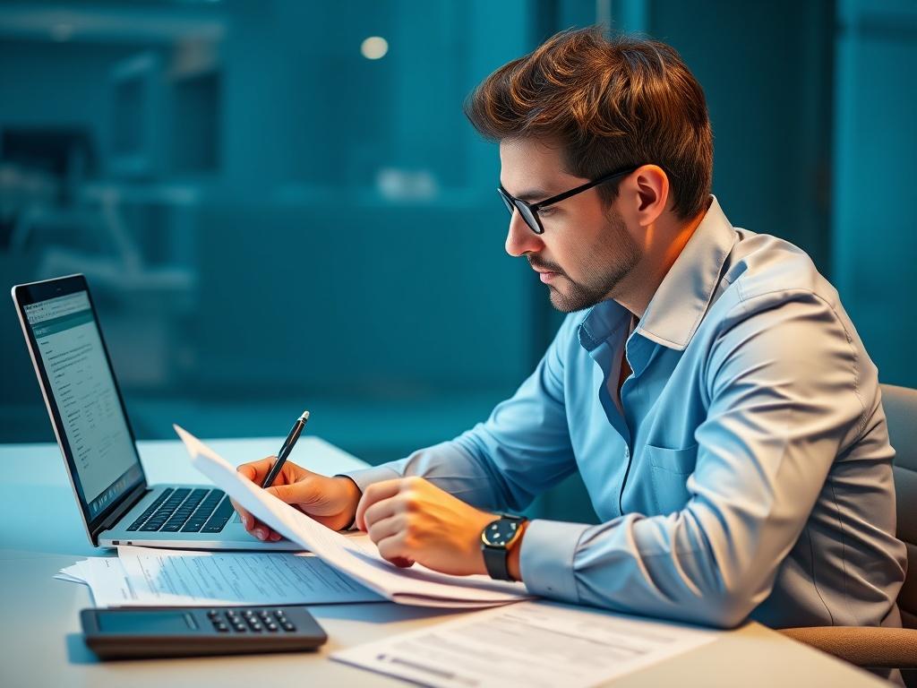 A hyper-realistic close-up shot of a professional tax consultant sitting at a modern desk, reviewing tax documents, with a laptop open displaying tax preparation software. The background is softly blurred to highlight the consultant, who is focused and engaged, with a notepad and pen in hand. The color scheme includes shades of blue to align with the primary color rgb(2, 86, 197). The desk is neatly organized, with tax forms and a calculator visible.