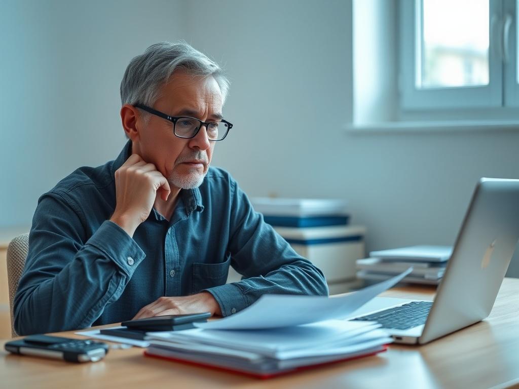 **Prompt for AI Image Generation:**

Create a realistic high-resolution photo featuring a single subject, a thoughtful middle-aged person, sitting at a desk with a calculator, stacks of paperwork, and a laptop in front of them. The subject should wear a focused expression, reflecting a blend of concern and determination as they analyze their financial situation related to IRS payment plans. 

The background should be simple and organized, with a soft-focus effect to maintain attention on the subject. Includ